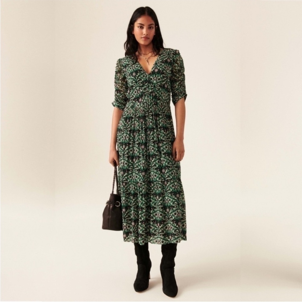 BA&SH - Green Printed V‑Neck Midi Dress - Sz M